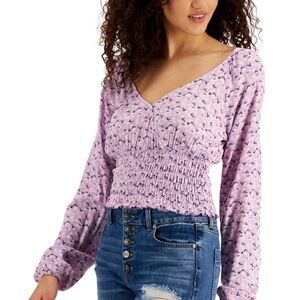 SELF ESTEEM Juniors' Floral-Print Surplice Smocked-Hem Top shirt Orchid